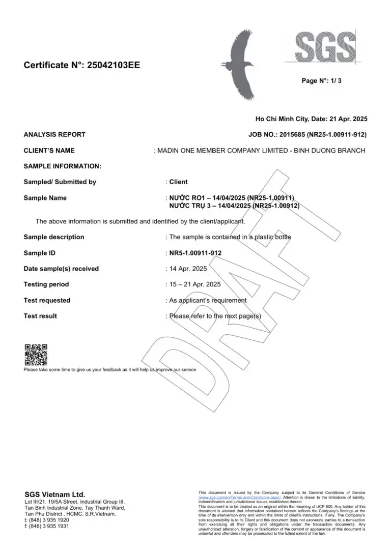 SGS laboratory report 25042103EE: process water at the Madin plant, April 2025, within every limit tested.