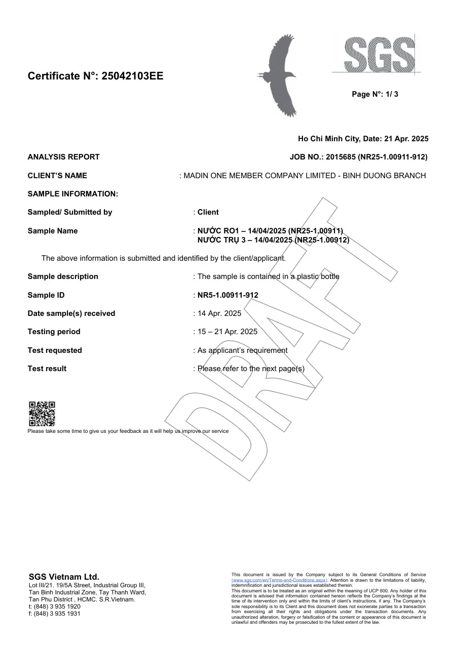 SGS water analysis, April 2025 — process water at the Madin plant SGS laboratory report 25042103EE: process water at the Madin plant, April 2025, within every limit tested.