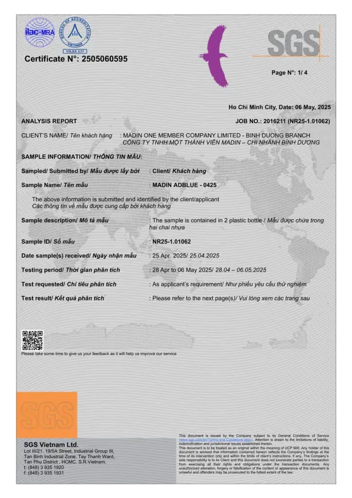 SGS laboratory report 2505060595: all ISO 22241-1 parameters for the April 2025 batch of AdBlue® By Madin within limits.