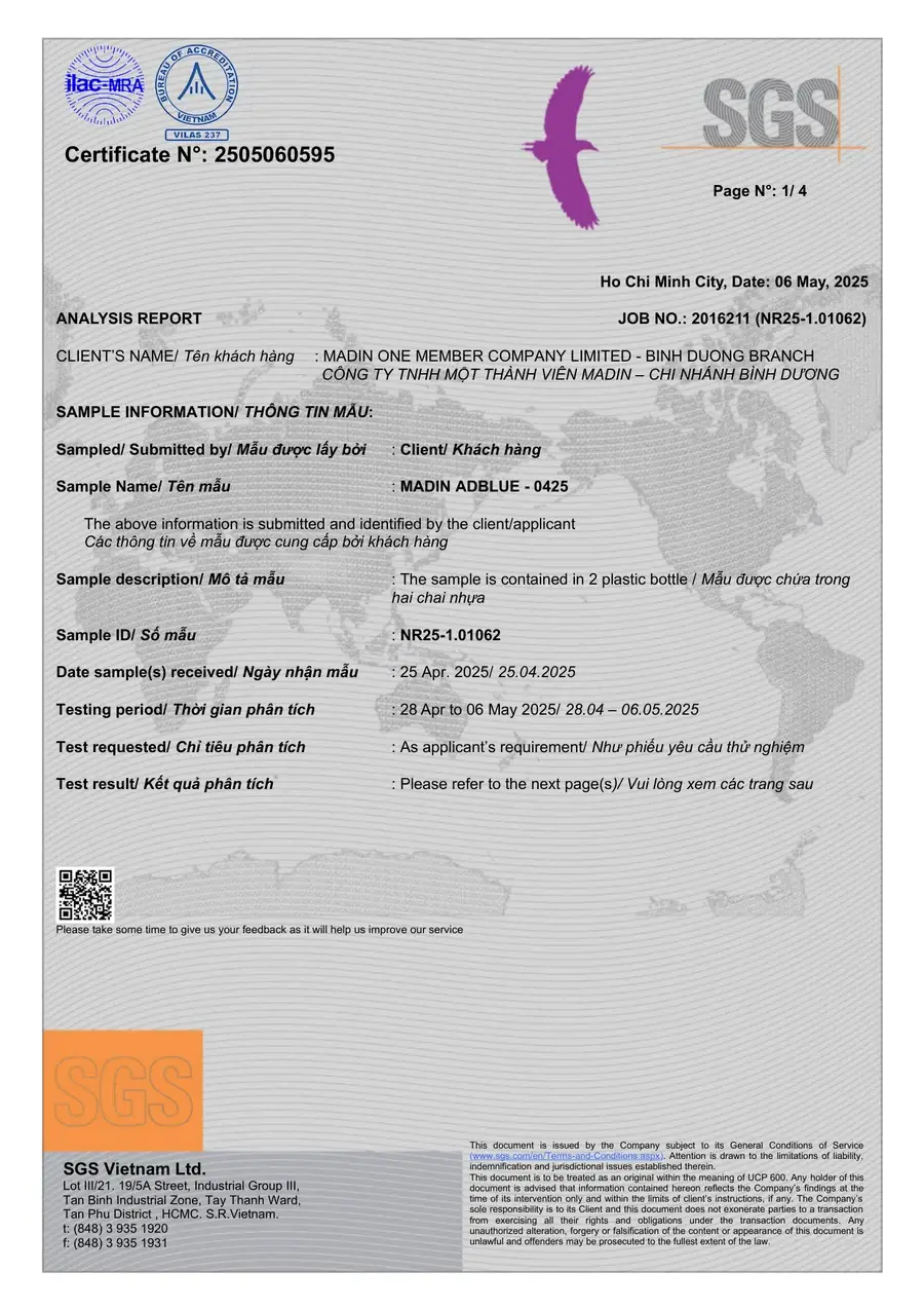 April 2025 batch: AUS 32 within every ISO 22241 limit — SGS report SGS laboratory report 2505060595: all ISO 22241-1 parameters for the April 2025 batch of AdBlue® By Madin within limits.