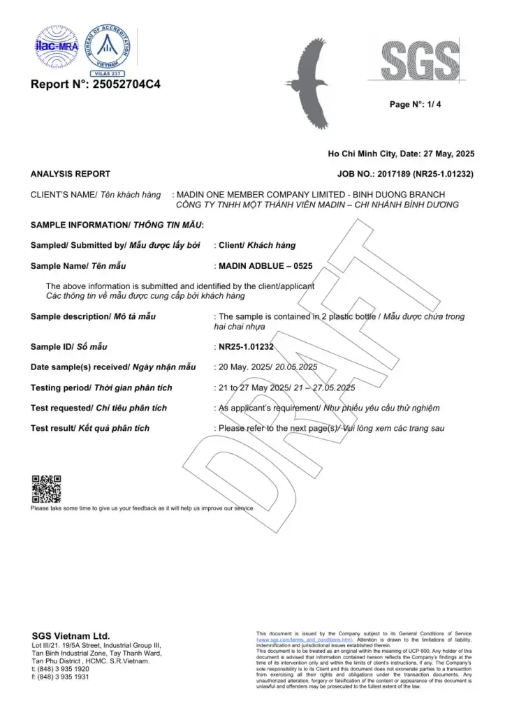 SGS laboratory report 25052704C4: 18 ISO 22241-1 parameters measured on the May 2025 batch of AdBlue® By Madin, all within limits.