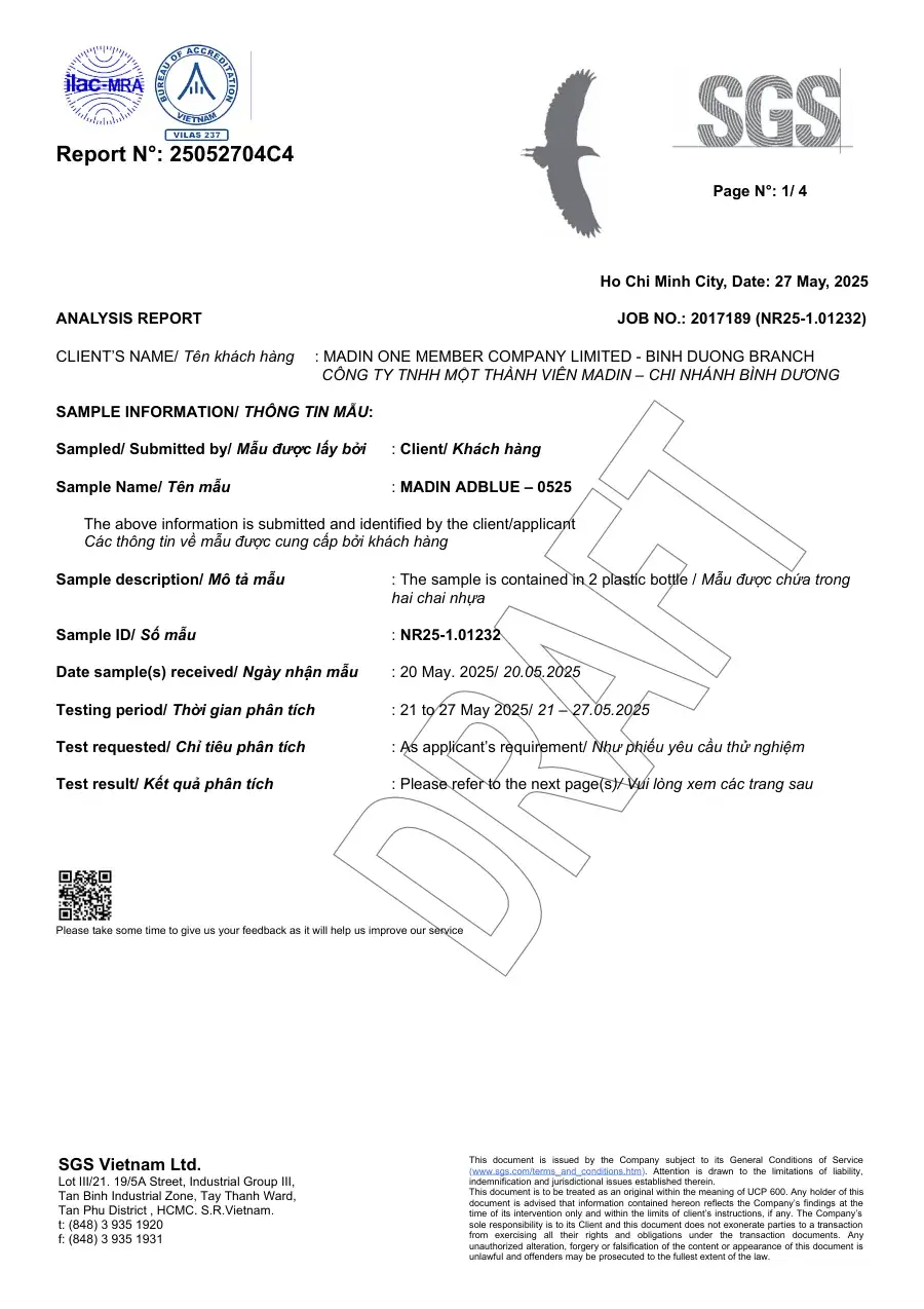 May 2025 batch: AUS 32 within every ISO 22241 limit — SGS report SGS laboratory report 25052704C4: 18 ISO 22241-1 parameters measured on the May 2025 batch of AdBlue® By Madin, all within limits.