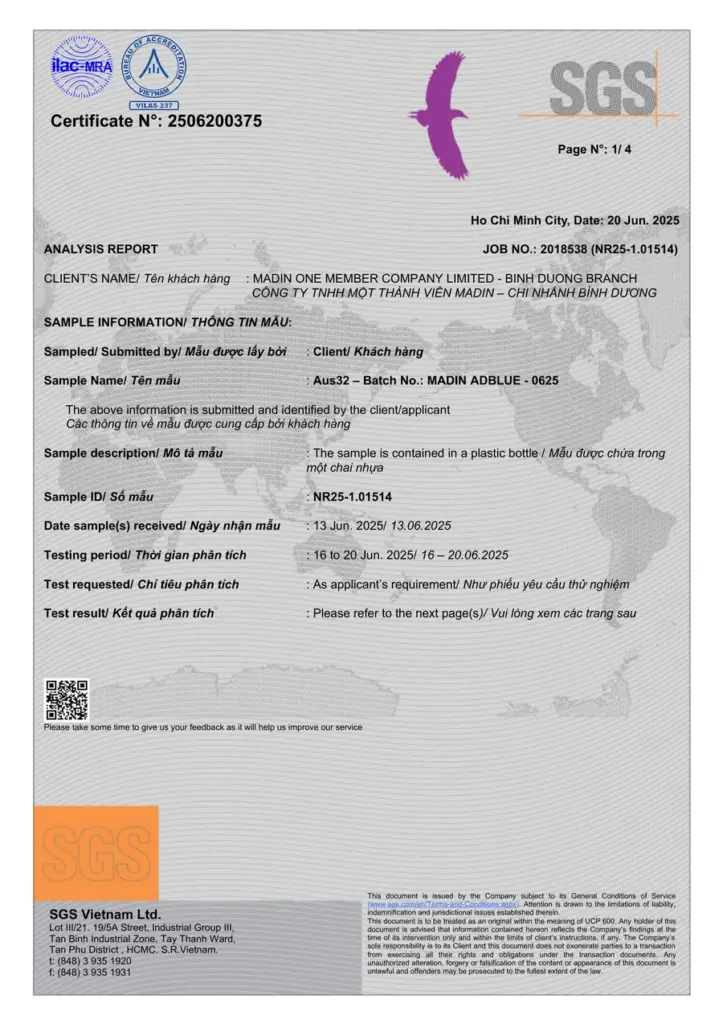 SGS laboratory report 2506200375: all ISO 22241-1 parameters for the June 2025 batch of AdBlue® By Madin within limits.