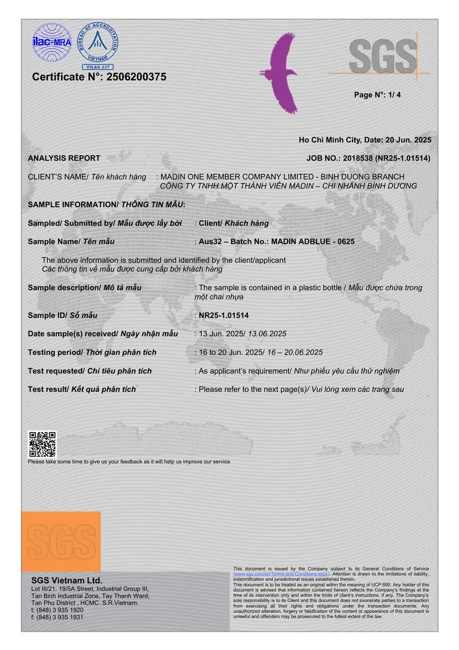 June 2025 batch: AUS 32 within every ISO 22241 limit — SGS report SGS laboratory report 2506200375: all ISO 22241-1 parameters for the June 2025 batch of AdBlue® By Madin within limits.