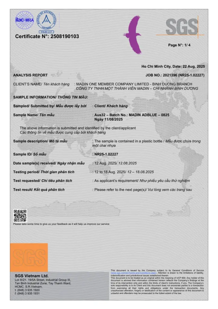 SGS laboratory report 2508190103: 15 ISO 22241-1 parameters measured on the August 2025 batch of AdBlue® By Madin, all within limits.