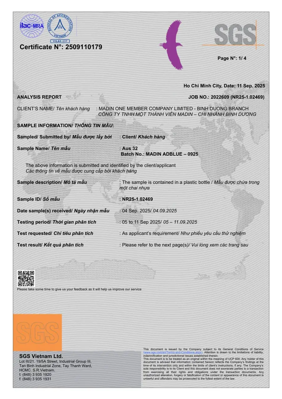 September 2025 batch: AUS 32 within every ISO 22241 limit — SGS report SGS laboratory report 2509110179: 18 ISO 22241-1 parameters measured on the September 2025 batch of AdBlue® By Madin, all within limits.