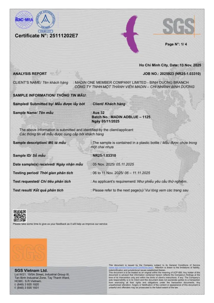 SGS laboratory report 25111202E7: 18 ISO 22241-1 parameters measured on the November 2025 batch of AdBlue® By Madin, all within limits.