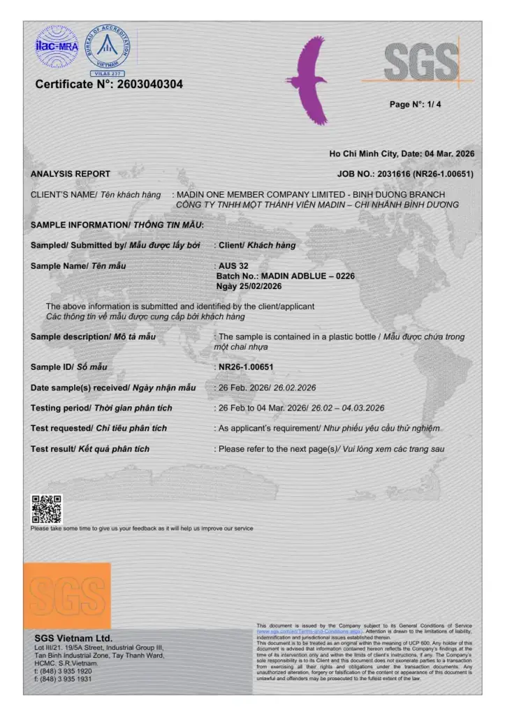 SGS laboratory report 2603040304: 18 ISO 22241-1 parameters measured on the February 2026 batch of AdBlue® By Madin, all within limits.