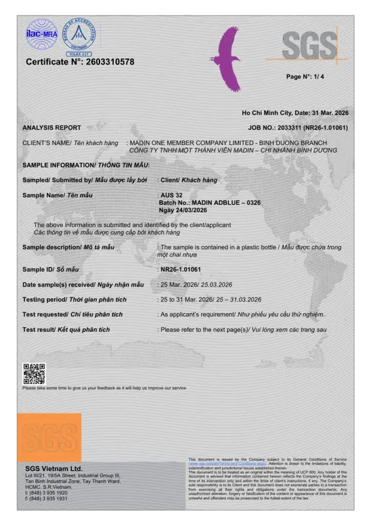 SGS laboratory report 2603310578: 18 ISO 22241-1 parameters measured on the March 2026 batch of AdBlue® By Madin, all within limits.