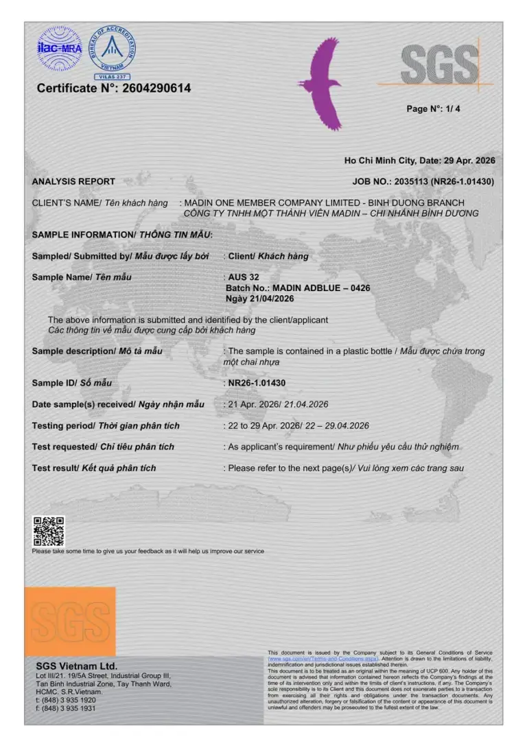 SGS laboratory report 2604290614: all ISO 22241-1 parameters for the April 2026 batch of AdBlue® By Madin within limits.