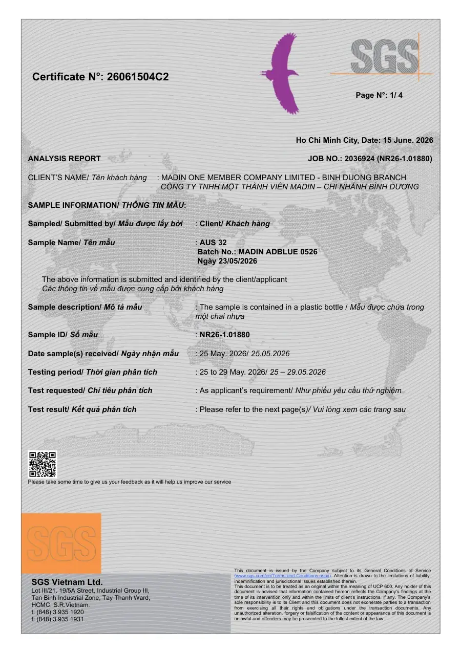 SGS laboratory report 26061504C2: 18 ISO 22241-1 parameters measured on the May 2026 batch of AdBlue® By Madin, all within limits.