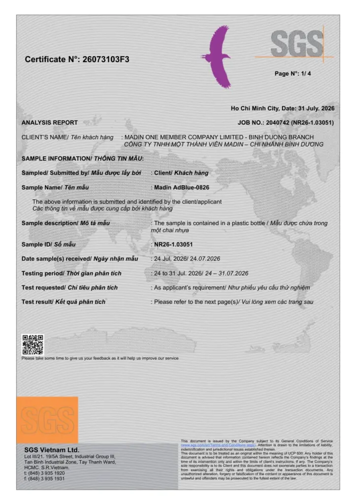 SGS laboratory report 26073103F3: 18 ISO 22241-1 parameters measured on the August 2026 batch of AdBlue® By Madin, all within limits.