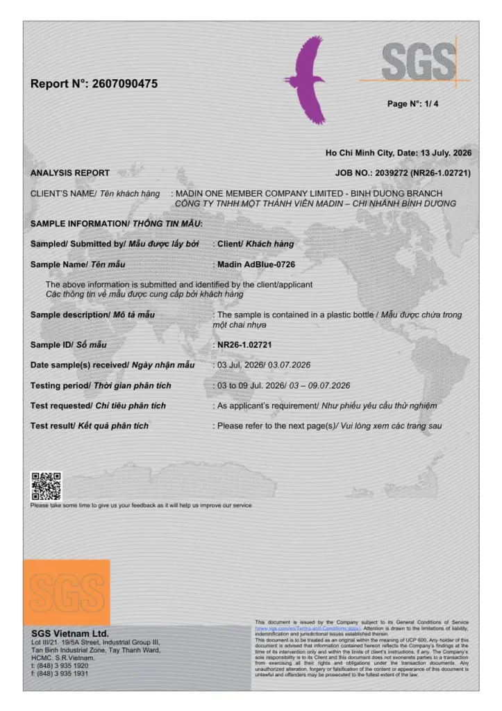 SGS laboratory report 2607090475: 18 ISO 22241-1 parameters measured on the July 2026 batch of AdBlue® By Madin, all within limits.