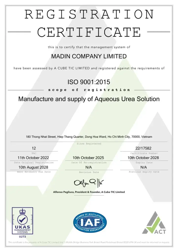 ISO 9001:2015 registration certificate for Madin Company Limited, certificate 22/17582, valid to 10 October 2028.