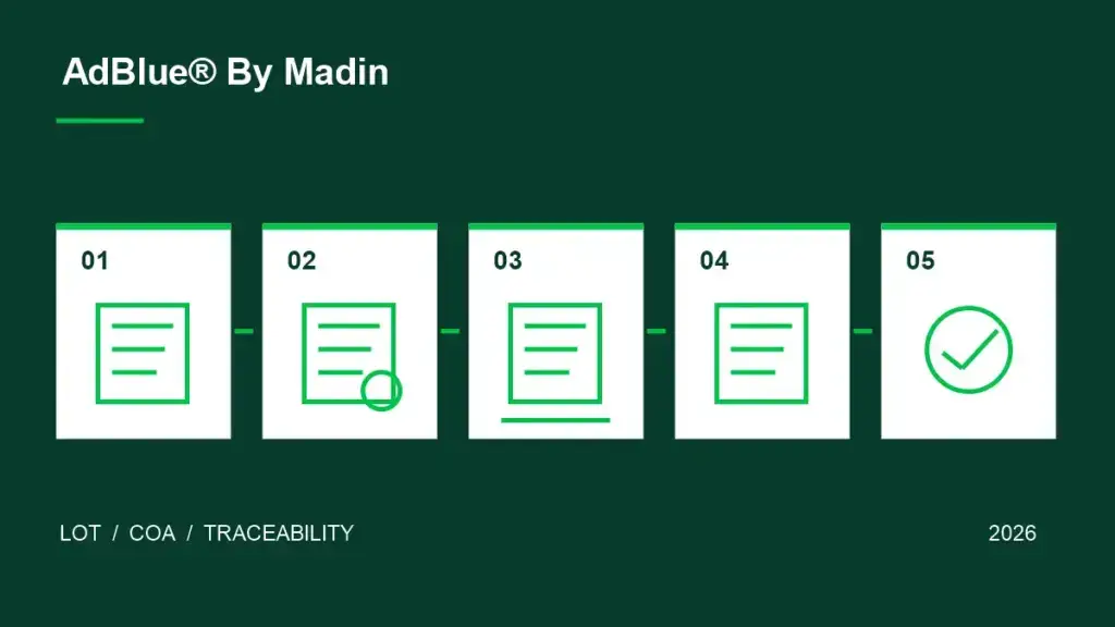 Five numbered checkpoints for an AdBlue delivery, from batch identification to acceptance