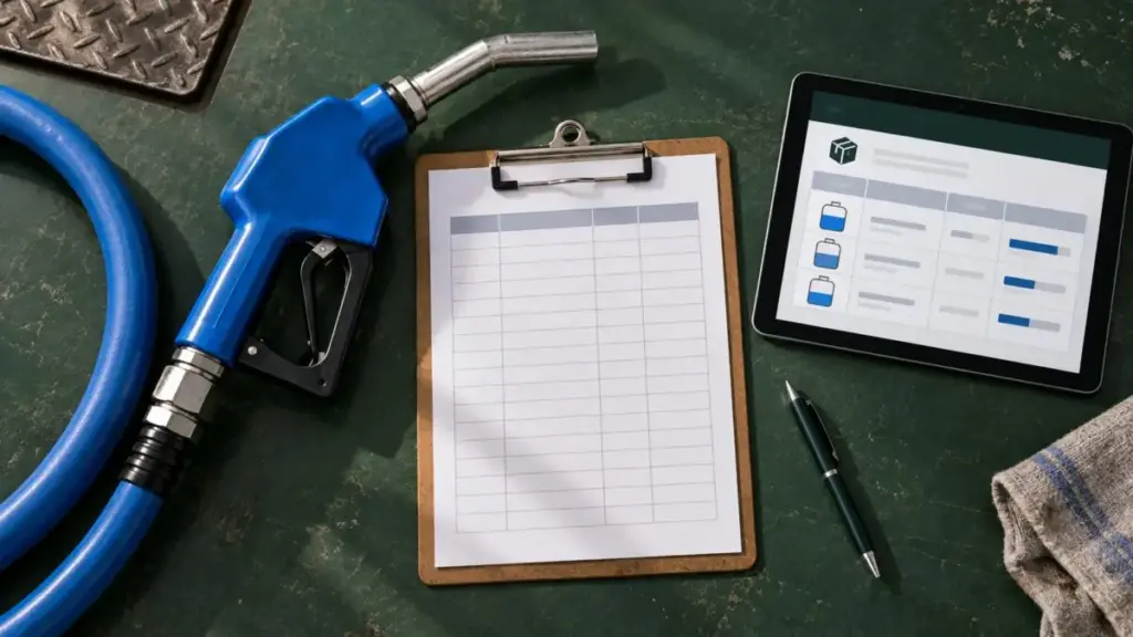 Overhead view of a blue dispensing nozzle, a clipboard with a blank log, a tablet showing an illustrative data table, and a pen on a dark green surface.