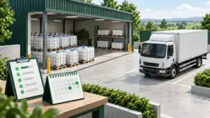 示意仓库中的密封液体容器、配送货车与排程日历