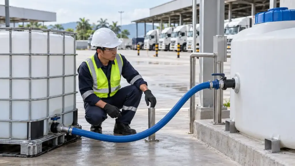 AI-generated illustration of a worker beside a blue hose connecting an IBC and a white storage tank at a fleet depot.